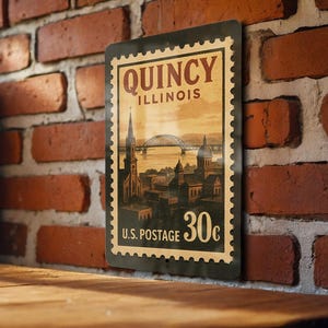 A vintage-style postage stamp from Illinois, featuring a cityscape and a bridge, is displayed on a brick wall.