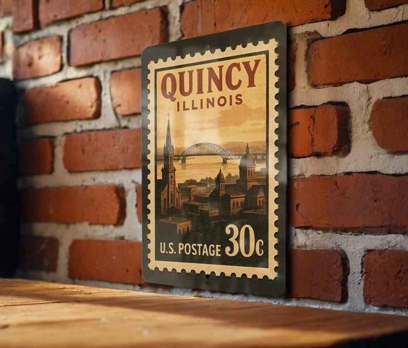 A vintage-style postage stamp from Illinois, featuring a cityscape and a bridge, is displayed on a brick wall.