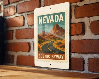 Nevada Scenic Byway Metal Sign – Vintage Road Sign Art, Rustic Travel Decor, Stamp Style Wall Hanging for Home or Cabin