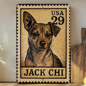 Jack Chi Dog Metal Sign – Vintage Stamp Style Wall Art for Dog Lovers, Rustic Home Decor, Pet Gift, Jack Russell Chihuahua Mix