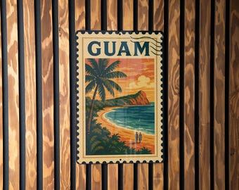 May include: A vintage-style metal sign featuring a beach scene with palm trees, ocean, and a sunset. The word "GUAM" is at the top. The sign is mounted on a wooden wall with vertical slats.