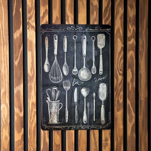 Vintage Style Tin Sign, Rustic Kitchen Decor, Hand-Drawn Utensils, Chalkboard Metal Sign, Farmhouse Wall Art, Retro Kitchen Sign