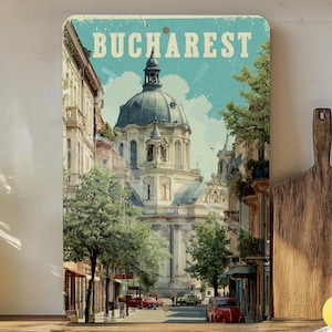 Retro Bucharest Travel Poster Tin Sign – Vintage-Style Metal Wall Decor for Home, Bar, or Man Cave