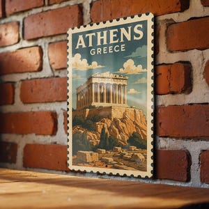 Athens Greece Metal Sign – Vintage Travel Stamp Style Wall Art, Retro Greek Decor, Souvenir Gift for Travelers