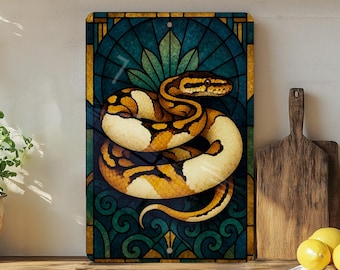 Art Deco Pied Ball Python Metal Sign – Stained Glass Style Snake Wall Art for Reptile Lovers & Home Decor