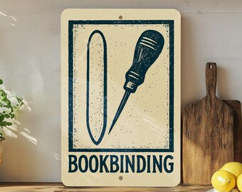 Bookbinding Tools Metal Sign – Vintage Stamp Style Bone Folder & Awl Wall Art for Crafters, Binder Studio Decor