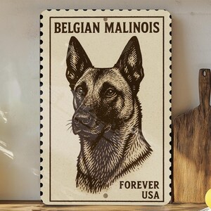 Belgian Malinois Metal Sign – Vintage Stamp Style Dog Wall Art, Rustic Pet Decor for Home, Kennel, or Man Cave