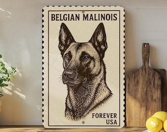 Belgian Malinois Metal Sign – Vintage Stamp Style Dog Wall Art, Rustic Pet Decor for Home, Kennel, or Man Cave