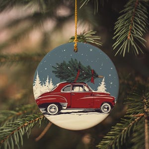 Classic Car Christmas Ornament, Retro Style Decor, Ceramic Holiday Decoration, Circular Tree Adornment, Vintage Car Design