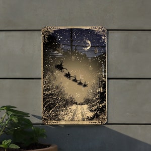 Vintage Christmas Eve Metal Sign, Santa&#39;s Sleigh HD, Sepia Night Sky, Ornate Borders, Up on the Housetop Style