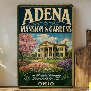 May include: Vintage metal sign featuring the Adena Mansion & Gardens in Ohio. The sign has a distressed look with a blue background and a detailed illustration of the mansion, trees, and flowers. Text includes "Adena Mansion & Gardens" and "A Historic Treasure Preserved for All".