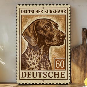 May include: A rectangular metal sign featuring a detailed illustration of a German Shorthaired Pointer dog in profile. The sign has a postage stamp design with the words "DEUTSCHER KURZHAAR" and "DEUTSCHE" in a vintage style.