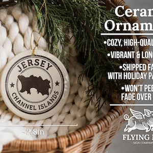 a ceramic ornament hanging from a wicker basket, with a text overlay providing information about the ornament.