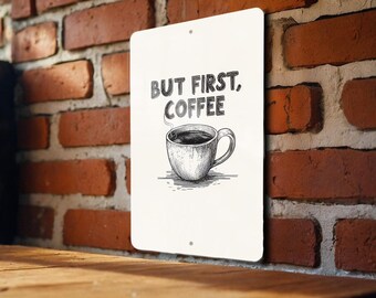 Vintage Coffee Tin Sign, Minimalist Line Art, Coffee Cup Wall Decor, But First Coffee, Retro Metal Sign, Kitchen Wall Art, Coffee Bar Decor