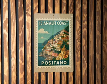 Amalfi Coast Positano Metal Sign – Vintage Travel Stamp Style Wall Art, Italian Coastal Decor for Home or Office