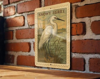 Snowy Egret Vintage Stamp Style Metal Sign, Coastal Wading Bird Decor, Heron Bird Wall Plaque, Beach House Nature Sign