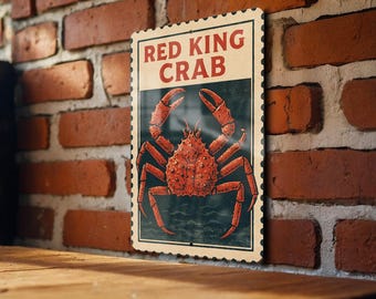 Red King Crab Stamp Art Metal Sign – Vertical Nautical Wall Decor for Kitchen, Bar, Beach House, Coastal Seafood Lovers