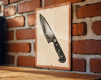 Chef's Knife Metal Wall Art – Rustic Kitchen Decor, Culinary Themed Steel Sign, Vintage Stamp Style Gift for Chef or Foodie