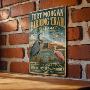 May include: Vintage-style metal sign for Fort Morgan Birding Trail, Alabama. The sign features illustrations of a heron, a roseate spoonbill, and a flying bird over a body of water. Text includes "Explore, Discover, Enjoy" and "Nature, History, Adventure."