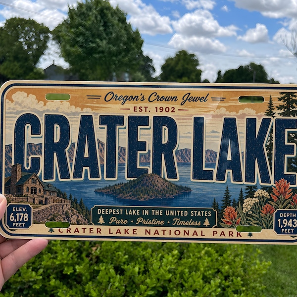 Crater Lake Oregon Metal License Plate Sign, Travel Poster Style Souvenir Decor, National Park Scenic Lake Mountain View