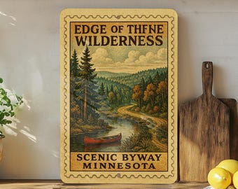 Edge of the Wilderness Scenic Byway Minnesota Vintage Stamp Style Metal Sign North Shore Scenic Route Cabin Lake Woods Decor