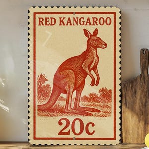 Red Kangaroo Metal Sign Vintage Stamp Style Wall Art | Rustic Australian Wildlife Home Decor for Indoors or Outdoors
