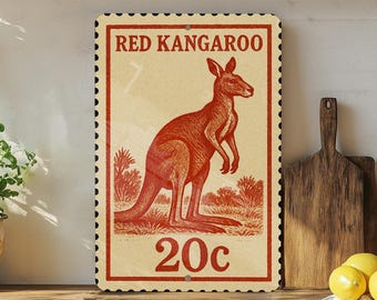 Red Kangaroo Metal Sign Vintage Stamp Style Wall Art | Rustic Australian Wildlife Home Decor for Indoors or Outdoors