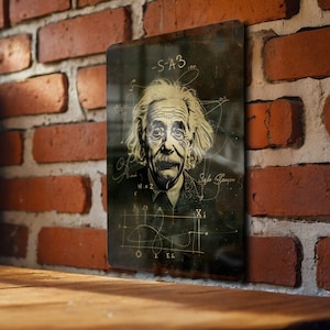 May include: A vintage-style metal sign featuring a portrait of Albert Einstein. The image is in black and white with a distressed finish, showcasing Einstein's likeness and mathematical equations. The sign is displayed against a brick wall.