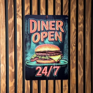 Retro Diner Sign, Metal Wall Decor, Burger Art, Open 24-7 Sign, Vintage Kitchen Decoration