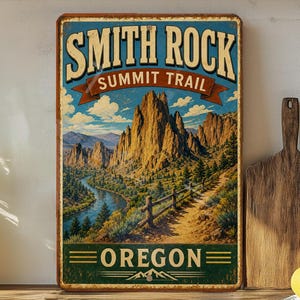 May include: Vintage metal sign featuring a scenic landscape with the text "SMITH ROCK SUMMIT TRAIL OREGON." The sign has a distressed, aged appearance with a blue sky, brown mountains, and a river. A wooden path and fence lead into the distance.