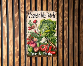 Vintage Style Vegetable Patch Metal Sign, Fresh & Healthy, Garden Decor, Wall Art, Unique Gift Idea