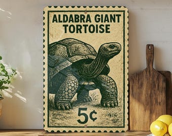 Aldabra Giant Tortoise Metal Sign – Vintage Stamp Style Wall Art for Home, Office, or Nature Decor Lovers