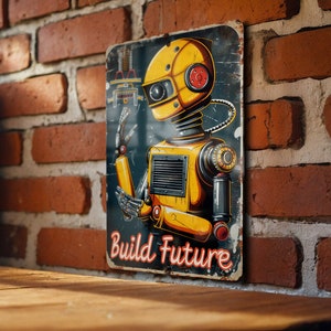 May include: A yellow and black robot with the text "Build Future" on a metal sign. The robot has a large head with a single eye and a small mouth.