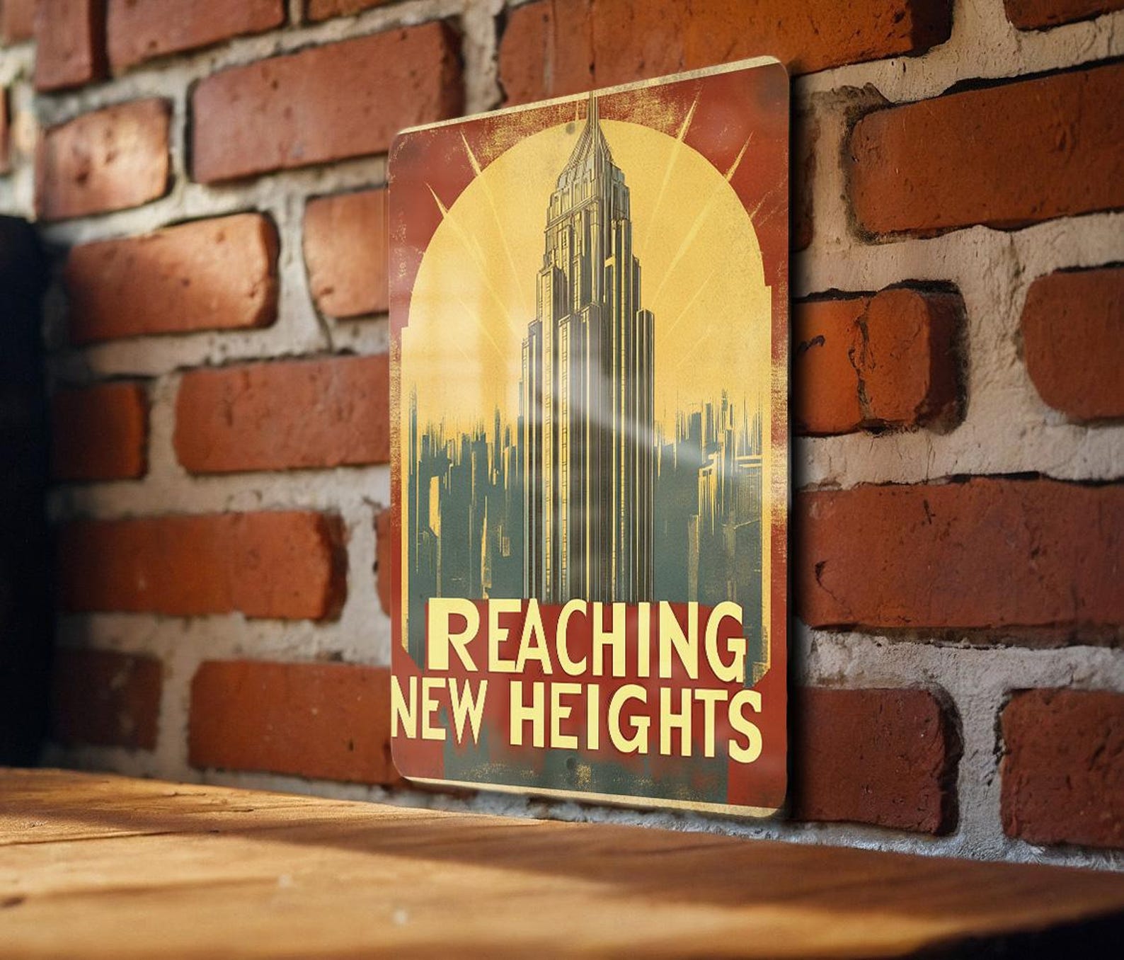 Retro Urban Ascent Metal Sign, Golden Cityscape Art, Industrial Wall