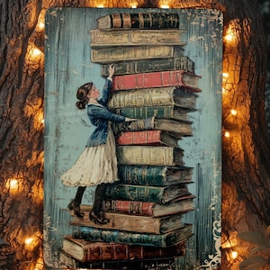May include: A vintage-style illustration of a girl reaching up to a stack of books. The books are stacked high and are all different sizes and colors. The girl is wearing a blue dress and has her hair pulled back. The background is a light blue color.