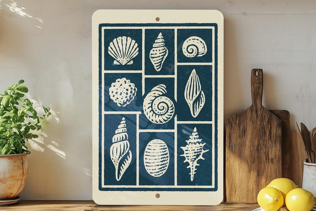 Seashell Shop Sign Shell Collection Stamp Art Metal Sign – Vintage Coastal Beach Decor ...