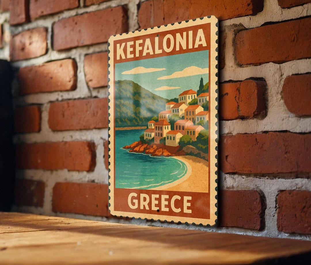 Kefalonia Greece Metal Sign – Vintage Stamp Style Wall Art, Travel