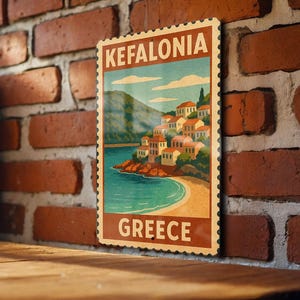 Kefalonia Greece Metal Sign – Vintage Stamp Style Wall Art, Travel Poster, Greek Island Home Decor Plaque