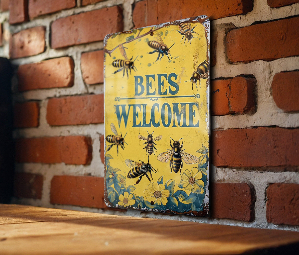 Vintage Style Metal Sign, Bees Welcome, Garden Decor, Rustic Home Accent, Unique Gift Idea