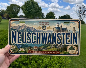 Neuschwanstein Castle Germany Metal License Plate Sign Travel Poster Style Bavarian Landmark Souvenir Wall Decor
