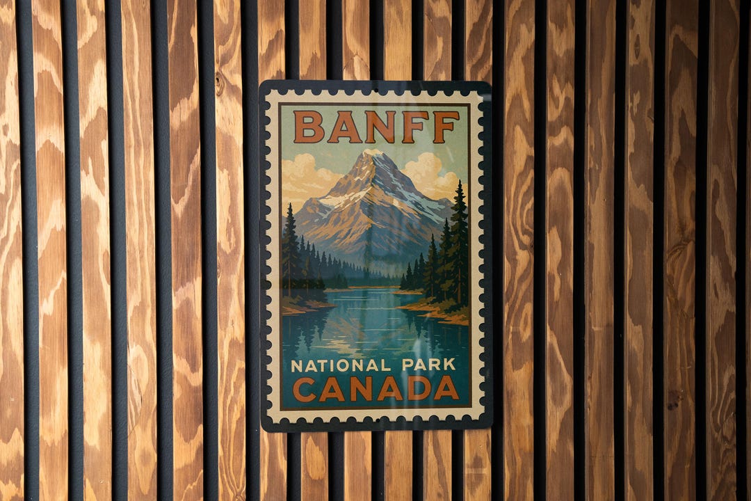 Banff National Park Canada Metal Sign – Vintage Stamp Style Wall Art ...
