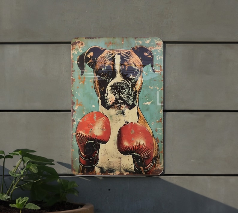 Vintage Boxer Sign, Metal Wall Art, Retro Dog Decor, Classic Boxer Plaque, Pet Lover Gift