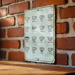 May include: A white metal sign with a coffee guide showing different types of coffee with illustrations of cups and the ingredients in each. The sign says "Coffee Guide" at the top and "Enjoy!" at the bottom.