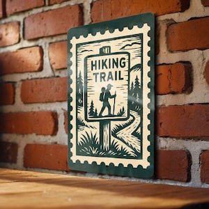 Hiking Trail Metal Sign – Rustic Stamp Style Wall Art for Cabin, Lodge, Campsite Décor, Vintage Outdoor Adventure Sign