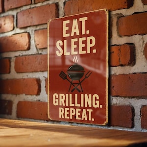 Eat Sleep Grilling Repeat Metal Sign – Rustic BBQ Smokehouse Wall Decor for Outdoor Kitchen, Grill Master Gift