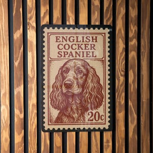 English Cocker Spaniel Metal Sign – Vintage Stamp Style Dog Wall Art for Home, Kennel Decor, Pet Lover Gift