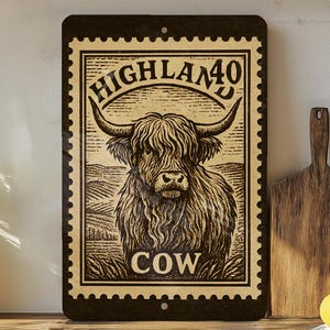 Highland Cow Metal Sign – Rustic Farmhouse Wall Art, Vintage Stamp Style Print, Country Decor for Kitchen or Barn