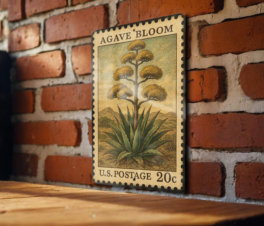 Agave Bloom Vintage Stamp Style Metal Sign, Desert Agave Flower Wall ...