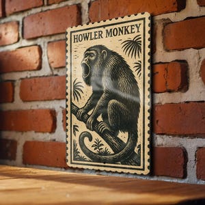 May include: A rectangular metal sign with a vintage design featuring a howler monkey illustration. The sign is black and beige with the words "HOWLER MONKEY" at the top. The monkey is sitting on a branch, with its mouth open. The sign has a postage stamp border.