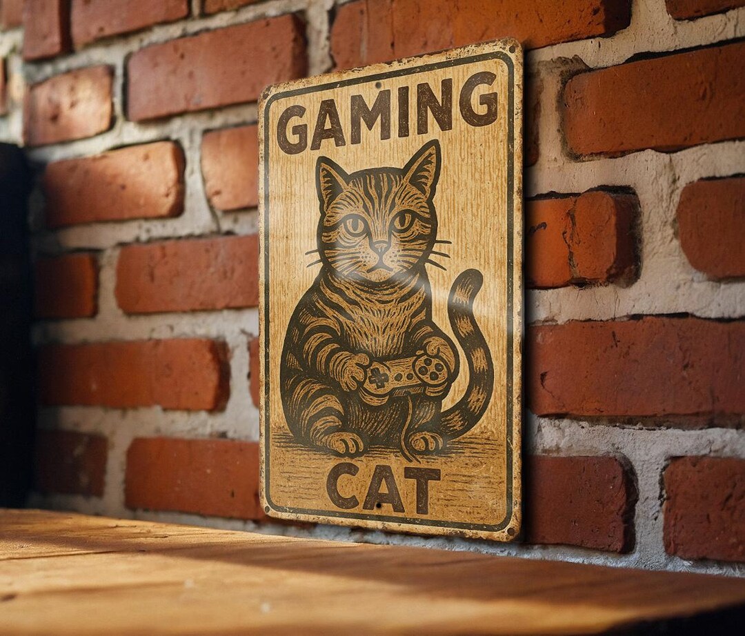 Rustic Gamer Picures Vintage Gaming Cat Metal Sign โ Folk Art Woodcut Style Wall Decor ...